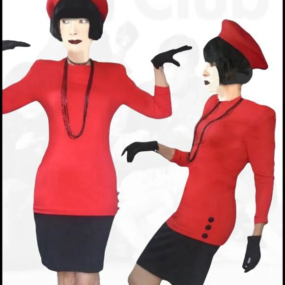 Red Black Dress, Bodycon Colorblock Knit Sheath with Sleeves - 80s Vintage - Picture 6 of 13